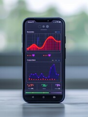 Smartphone fitness app for tracking workouts, health monitoring, with copy space and deep depth of field.