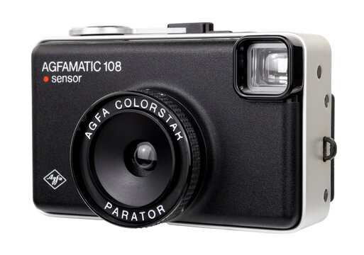Vintage Agfamatic 108 compact 128 film cartridge analogue camera with a fixed Agfa colorstar fixed 40mm F11 lens and parator shutter