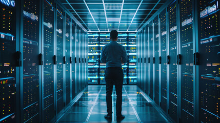 Fototapeta premium Skilled IT Professional Inspecting Secure Network Systems in High-Tech Corporate Facility