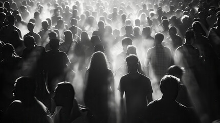 A black and white photograph of a bustling crowd with bright camera flashes, people’s outlines barely visible, background in deep shadows