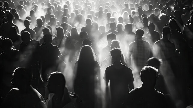 A black and white photograph of a bustling crowd with bright camera flashes, peopleâ€™s outlines barely visible, background in deep shadows