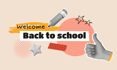 Back to school collage with halftone hand with thumbs up gesture, pencil and star, chalk drawing graphics and lined paper shape on background. Vector illustration. Education concept.