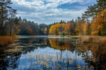Photo of Lake in the woods with trees and yellow foliage, nature landscape, reflection on water surface, autumn season. Golden hour light. beautiful forest with pines, coniferous forests, forest, pine