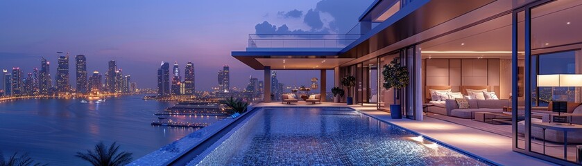 Luxurious modern penthouse overlooking city skyline with infinity pool and elegant interior design at twilight.