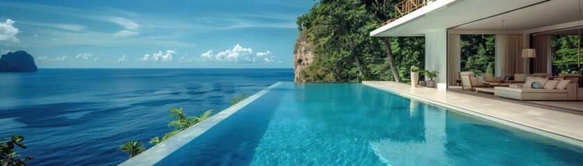 Luxurious modern villa with infinity pool overlooking a serene ocean and lush greenery, ideal for a tropical vacation or resort stay.