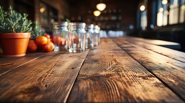 Close-up of a handcrafted rustic wooden table, showcasing the intricate wood grain and artisanal quality 