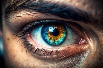 Fototapeta premium A close up of a person's eye with a blue and yellow iris