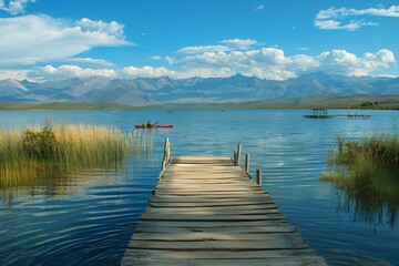 Obraz premium Wooden dock on the lake in Barros Arana, Argentina with mountains and reeds in the background and people kayaking in the distance. Travel concept of sea landscape