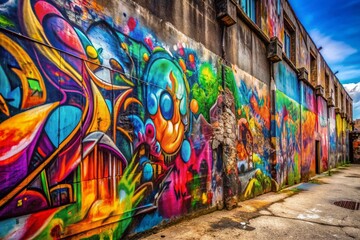 Obraz premium Vibrant colorful graffiti artwork decorates a worn, weathered urban wall, featuring abstract shapes, flowing lines, and bold brushstrokes in a distressed, textured concrete setting.