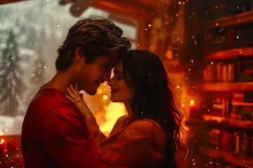 A couple embracing in a cozy cabin in the mountains, a fire crackling in the background