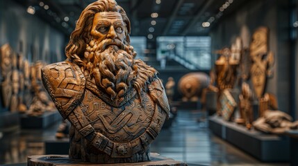 Fototapeta premium Detailed wooden bust of a bearded man in a museum - generative ai