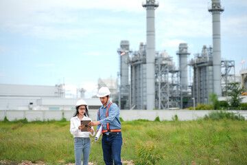 Planning engineering and project leader working and check Plans at Industrial Site on power plant. Survey location on site. 