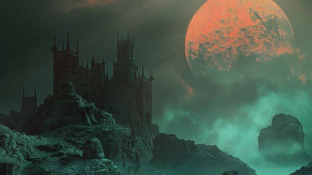 Haunted castle on a rocky cliff under a large red moon. Smooth looping time lapse video animation background