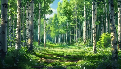 Fototapeta premium forest with birch trees anime cartoon, cartoon anime style