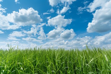 Obraz premium Beautiful green grass meadow with a blue sky and white clouds in the background. Summer landscape. A wide field of fresh spring grain or wheat. Landscape banner with copy space for your design, text, 