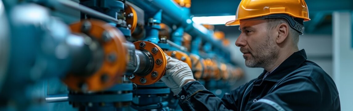 An engineer wearing a hard hat inspects a water purification system, carefully adjusting a valve with a gloved hand