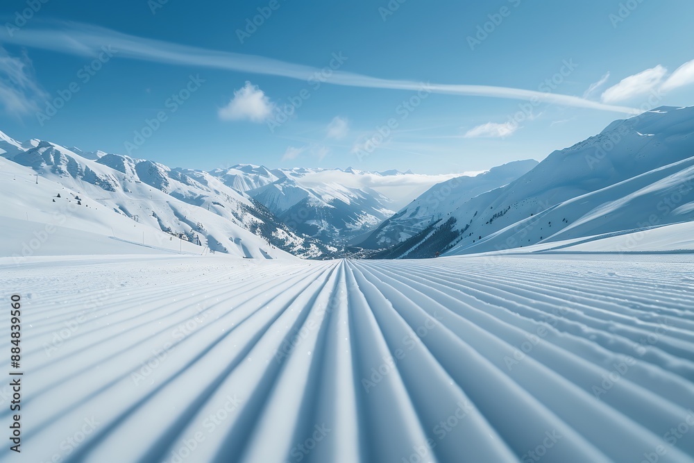 Wall mural A beautiful snow-covered ski slope with perfect white lines and a ski resort in the background. A beautiful mountain landscape with snow-capped mountains and a blue sky. The photo was taken from above