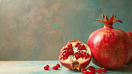 whole and halved pomegranates on a pastel background