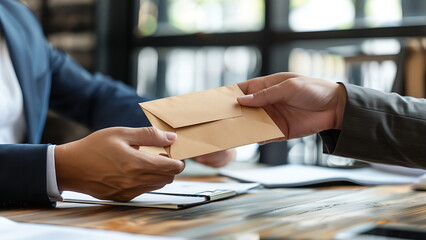 Businessman giving bribe money in brown envelope to another businessman.