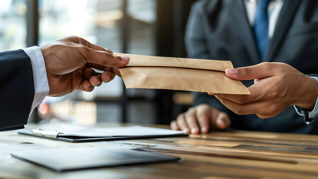 Businessman giving bribe money in brown envelope to another businessman.