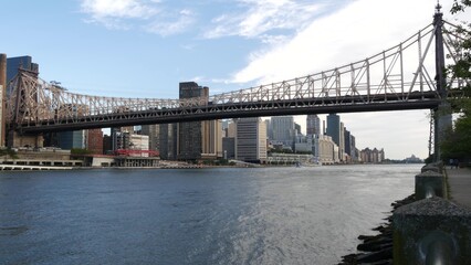 New York City waterfront skyline, Queensboro Bridge, Manhattan Midtown buildings, riverfront skyscrapers. Waterside cityscape view from Roosevelt Island. United States architecture and real estate.
