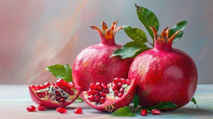 whole and halved pomegranates on a pastel background