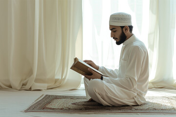 Fototapeta premium Young man in traditional clothing reading a book while seated on a prayer mat in a serene room. Religious study, Islamic education, cultural tradition, spiritual practice, inner peace concept.