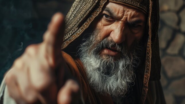 Elderly pharisee man with long beard and headscarf pointing his finger intently, stone wall background. Historical drama, religious narrative, intense expression, storytelling