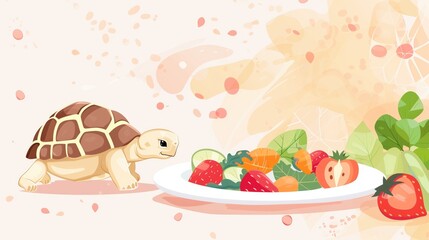 Cute turtle approaching a plate of fresh fruits and vegetables on a colorful artistic background. Animal nutrition, healthy eating for pets, environmental awareness, educational material.