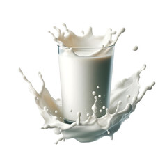 A glass of milk with milk splash on transparent background.