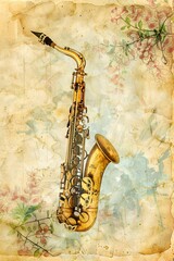 Naklejka premium watercolor clipart of Saxophone on parchment page, vintage scrapbook page, copy space in center, for Junk Journal, Digital Paper, Printable 