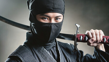 忍者。昔の日本。青年。男性一人。片手で刀を持っている。精悍な顔つき。屈強。頭まで覆う頭巾。グループのリーダー。とても強い。とても頭が良い。敵に見つからないように森に潜む。戦いのスペシャリスト。主人に服従。気配を消す。