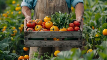 A farmer holding wooden box full of fresh vegetables