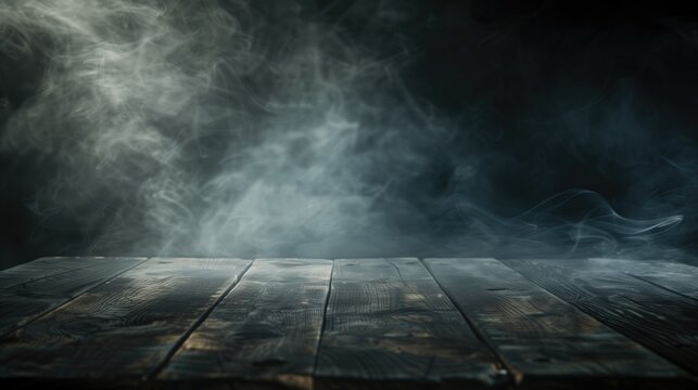 Wooden table surface with thick fog or smoke against a dark background. Spooky, mysterious, horror, eerie atmosphere, product display, Halloween concept.
