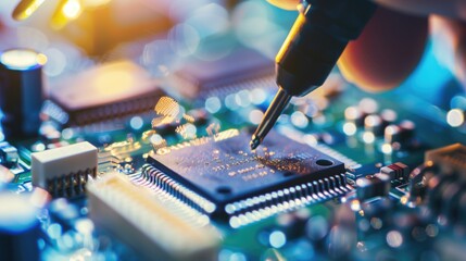 Close-up of computer microchip being soldered with precision tool on a bright, intricate circuit board. Electronics manufacturing, semiconductor technology, computer hardware repair, tech innovation.