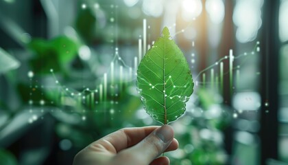 Hand holding a leaf with digital data overlay and green background. Eco-friendly technology, sustainability, environmental conservation, biotechnological innovation concepts.