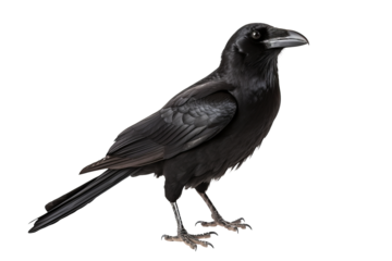 High-resolution image of a crow with wings slightly spread, isolated on a transparent background, perfect for graphic design and artistic projects.