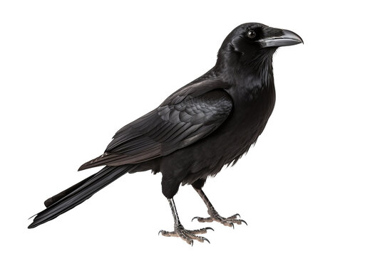 High-resolution image of a crow with wings slightly spread, isolated on a transparent background, perfect for graphic design and artistic projects.