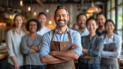 portrait of a group of team business owners and chefs standing in front at a restaurant with an apron