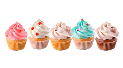 Assorted cupcake muffins with various icing and frosting flavors isolated on transparent background, mockup template for artwork design. PNG cutout.