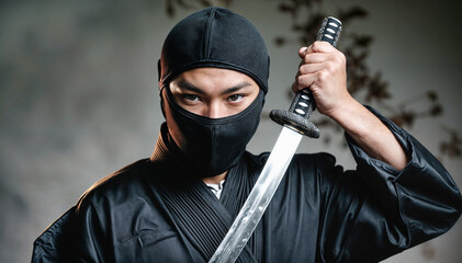 忍者。昔の日本。青年。男性一人。片手で刀を持っている。精悍な顔つき。屈強。頭まで覆う頭巾。グループのリーダー。とても強い。とても頭が良い。敵に見つからないように森に潜む。戦いのスペシャリスト。主人に服従。気配を消す。