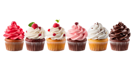 Assorted cupcake muffins with various icing and frosting flavors isolated on transparent background, mockup template for artwork design. PNG cutout.