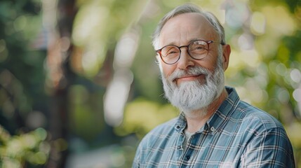 Portrait view of the happy senior bearded man looking at camera with pleasure smile while walking alone at the city. Elderly people lifestyle concept