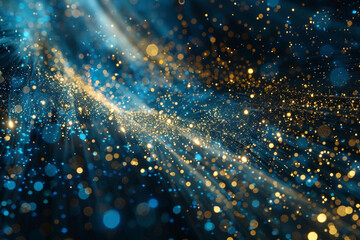 A burst of blue and gold particles creating a dynamic explosion of light, with shimmering trails spreading outwards in the dark void