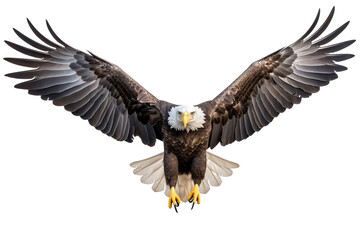 Fototapeta premium American bald eagle in majestic flight with wings spread wide, isolated on a transparent background, ideal for patriotic, wildlife, and nature-themed projects and designs.