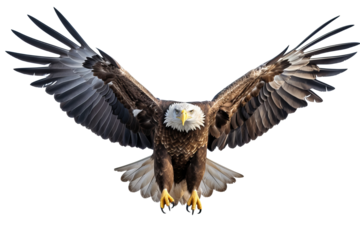 American bald eagle in majestic flight with wings spread wide, isolated on a transparent background, ideal for patriotic, wildlife, and nature-themed projects and designs.