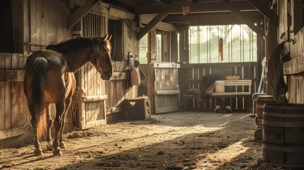 Tranquil scene of a horse in a rustic barn with sunlight streaming through the windows in the early morning.