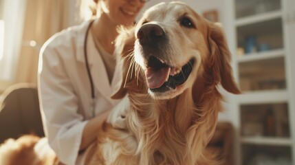 Veterinarian with stethoscope examines happy, relaxed dog in cozy clinic room during daytime, highlighting bond between pets and healthcare providers.