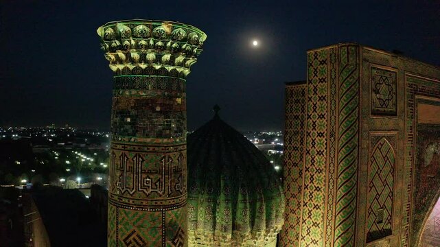 Aerial view of Registan Square in Samarkand Uzbekistan at evening 