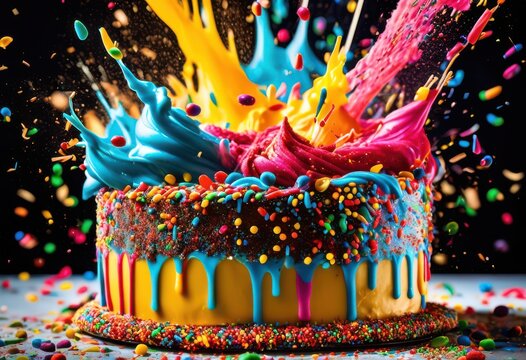 vibrant funfetti cake bursting colorful sprinkles explosion, rainbow, lgbtq, lgbt, pride, love, equality, celebration, confetti, party, bright, festive